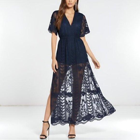 Nordstrom Socialite Lace Overlay Romper Midnight Blue XS - Picture 2 of 14